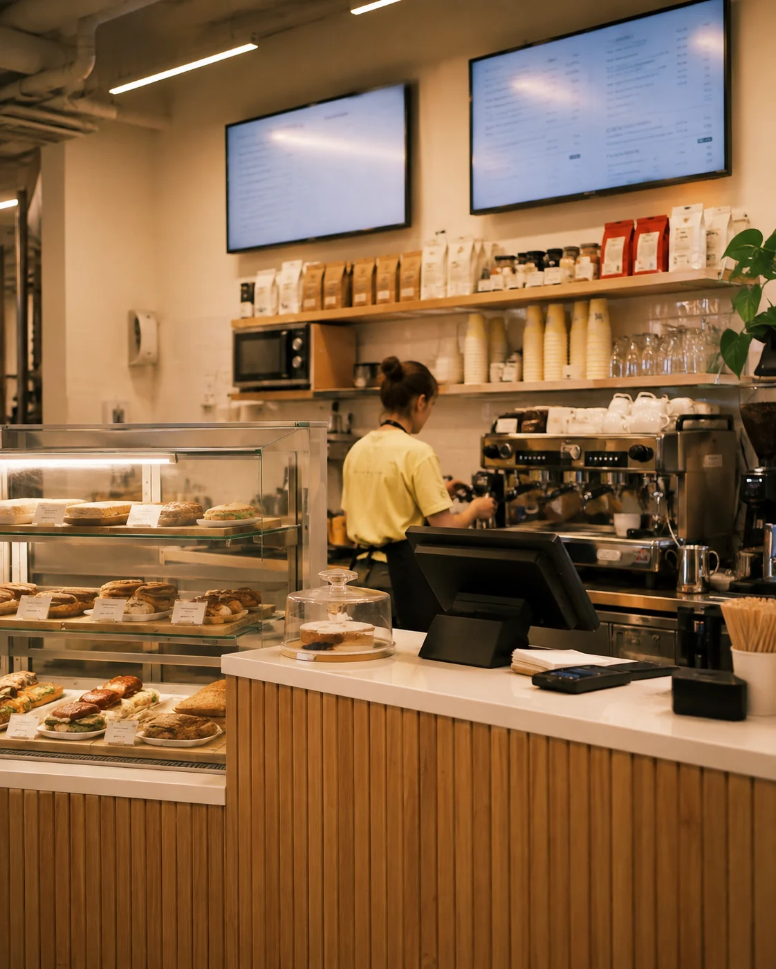 Barista dolgozik egy meleg fényű pékség fa burkolatú pultja mögött